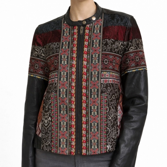 Chelsea & Violet Jackets & Blazers - Chelsea & Violet Embroidered Jacquard Faux Leather Jacket Womens L Multicolor